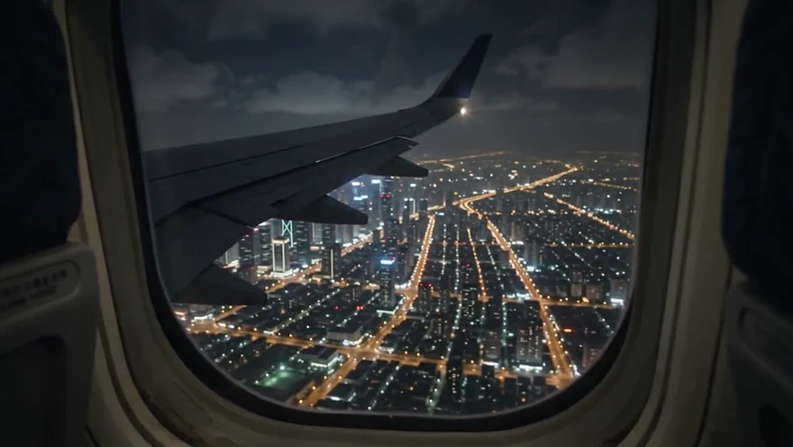 Blick aus dem Flugzeugfenster auf ein nächtliches Häusermeer