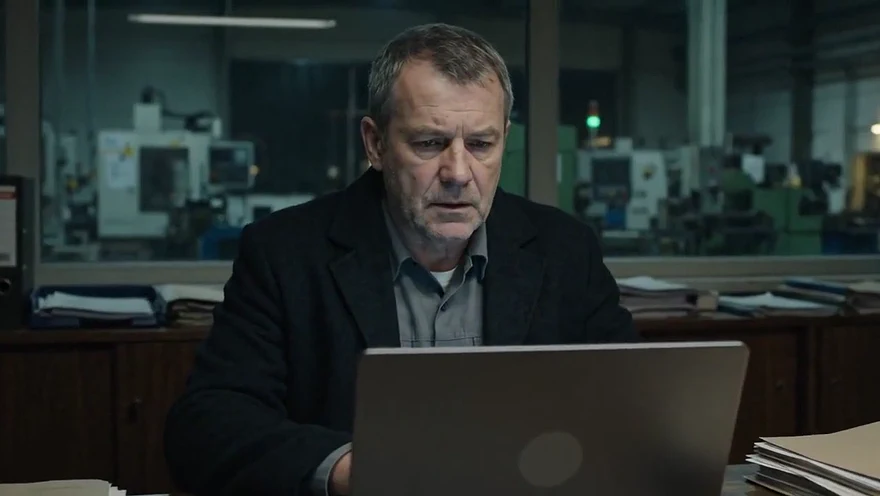 Thomas Berger am Laptop im Büro seiner Federnfabrik, abends
